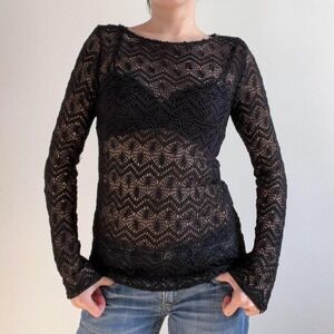 Vintage Beware Black Crochet Long Sleeve Top‎